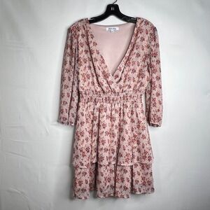 Mimi Chica Pink Floral Mini Dress Womens L Tiered Gold Smocked V-Neck Boho Fairy